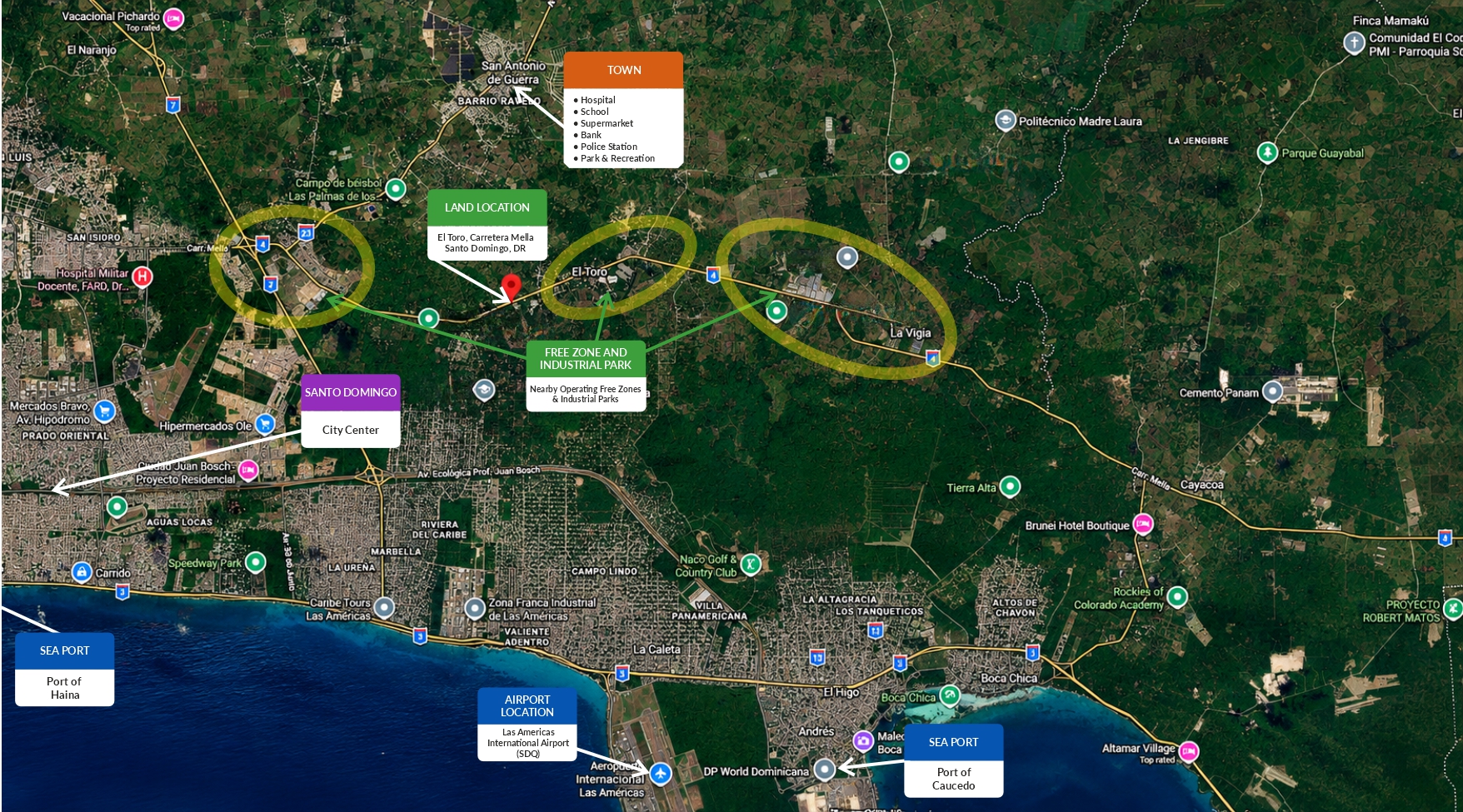 Regional map highlighting ports and airports from the flyer